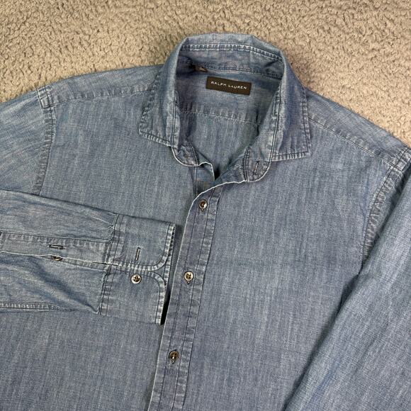 Ralph Lauren Shirt Mens M Blue Chambray Denim Long Sleeve Button Up Black Tag - Picture 1 of 12